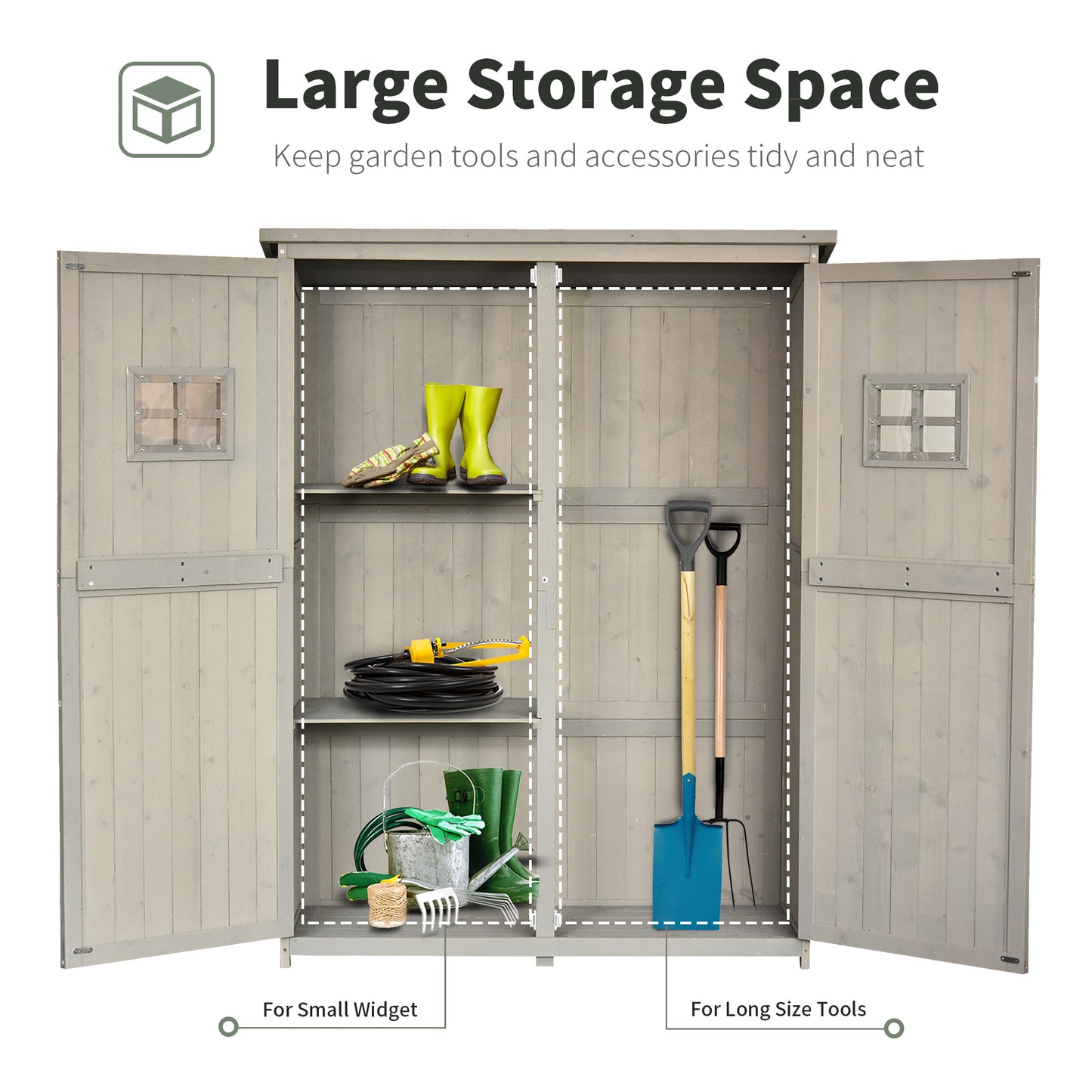 Outsunny Wooden Garden Shed with Two Windows, Tool Storage Cabinet, Outdoor Double Door Organizer 127.5L x 50W x 164H cm, Grey