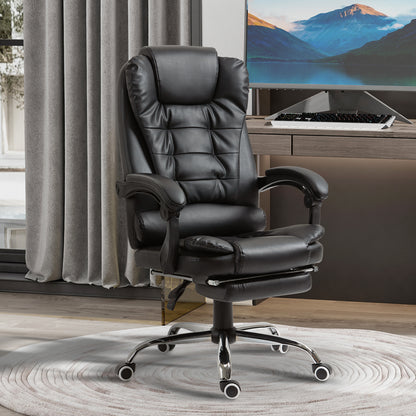 HOMCOM Executive Office Chair, PU Leather Home Office Chair with Swivel Wheels, Reclining Backrest, Retractable Footrest, Black