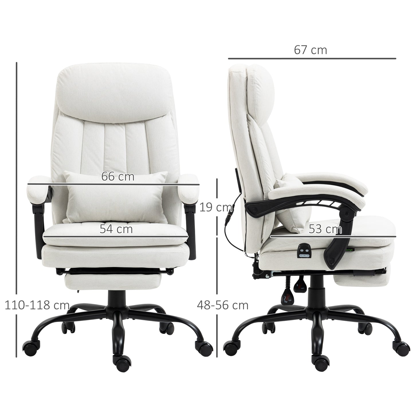 Vinsetto Office Chair, Ergonomic Desk Chair with 6-Point Vibration Massage and Lumbar Heating, Computer Chair with Lumbar Support Pillow, 155° Reclining Back and Footrest, Cream White