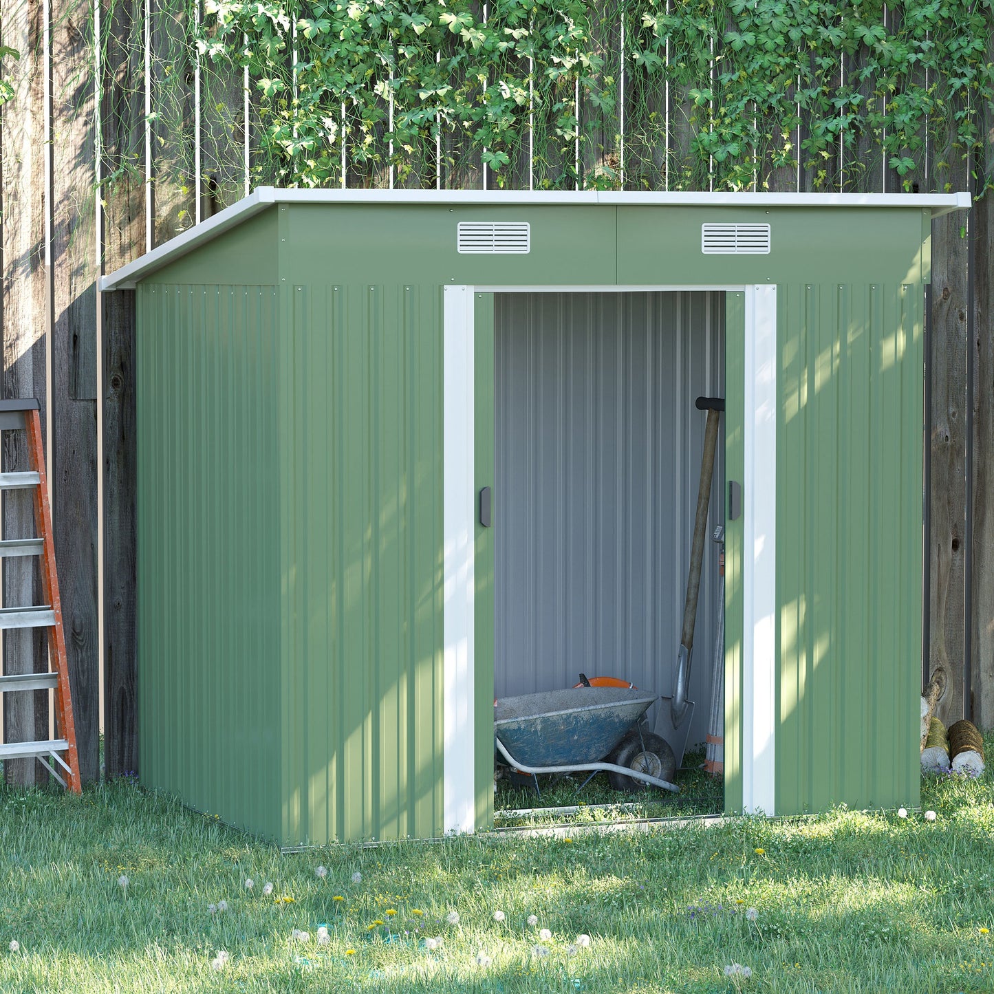 Outsunny 7 x 4ft Outdoor Garden Metal Storage Shed, Tool Storage Box for Backyard, Patio and Lawn, Light Green