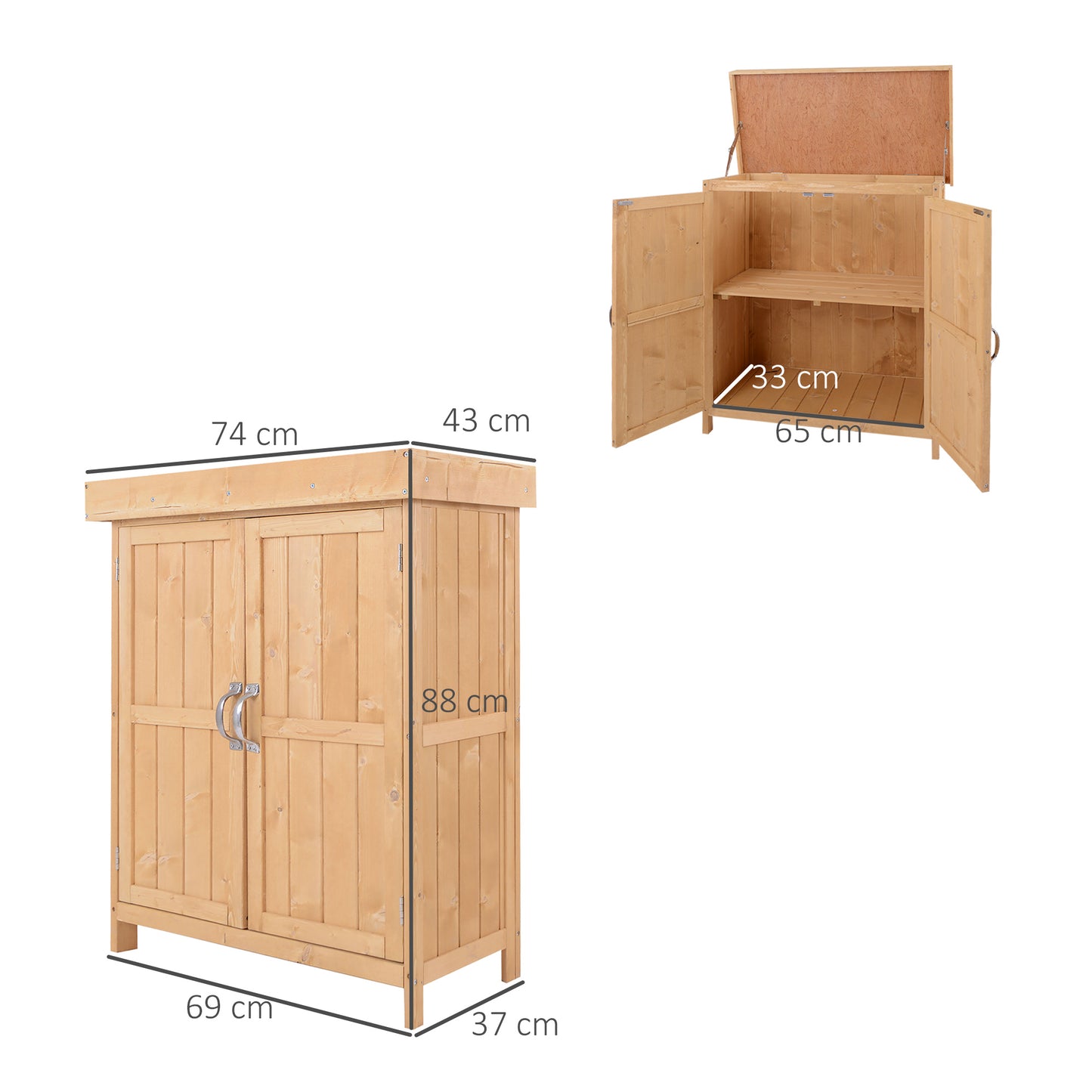 Outsunny Wooden Garden Storage Shed with Hinged Roof and Shelves, Outdoor Storage Cabinet Chest, Double Doors, 74 x 43 x 88cm, Burlywood