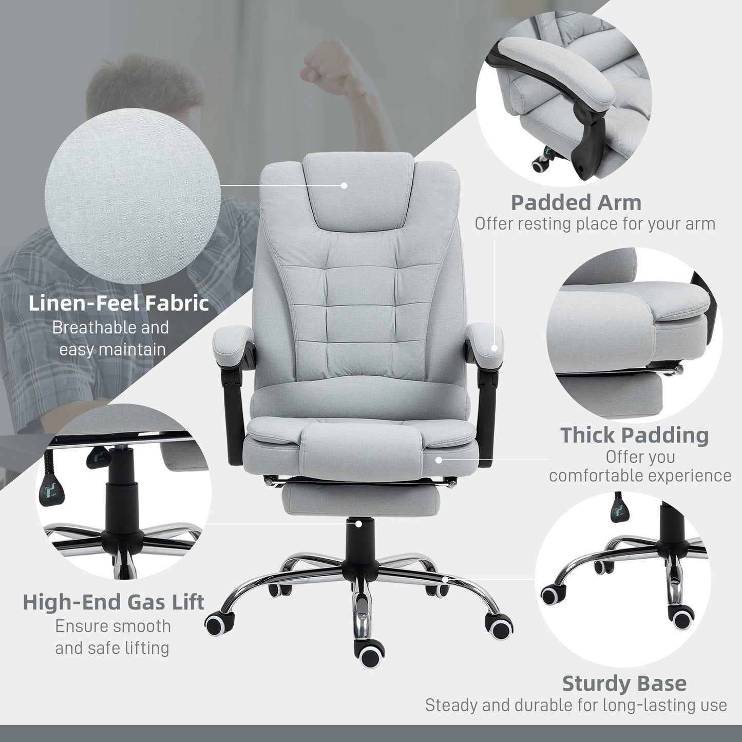 HOMCOM Linen-Look Adjustable Office Chair - Light Grey