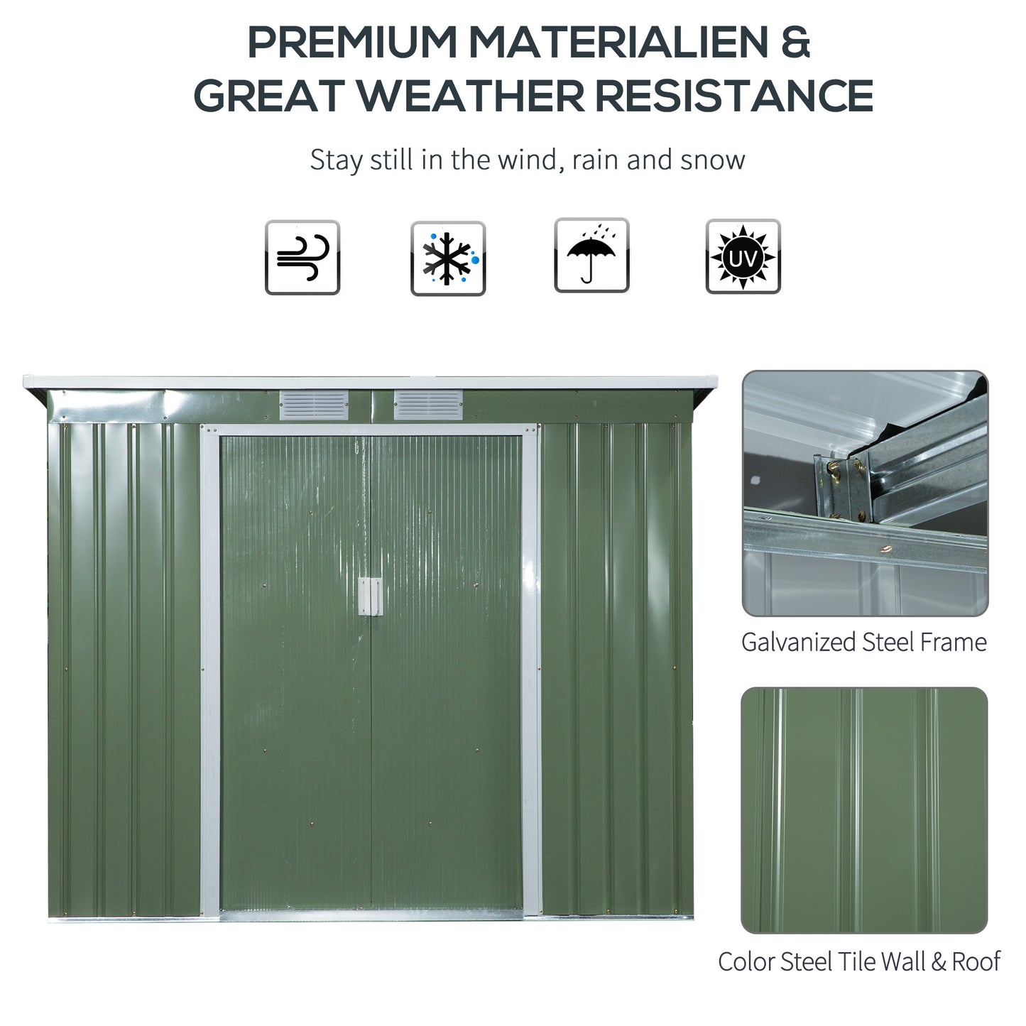 Outsunny 7 x 4ft Galvanised Steel Garden Shed, with Foundation Kit - Green