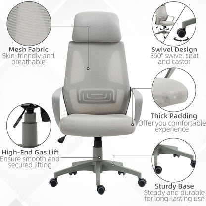 Vinsetto Ergonomic Office Chair, High Back Computer Chair, Mesh Desk Chair with Lumbar Support, Headrest, Wheel, Adjustable Height, Grey