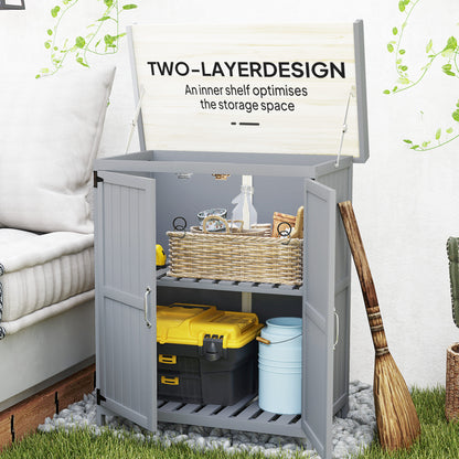 Grey Wooden Garden Shed, Outdoor Tool Storage with Hinged Roof, Shelf, and Double Doors