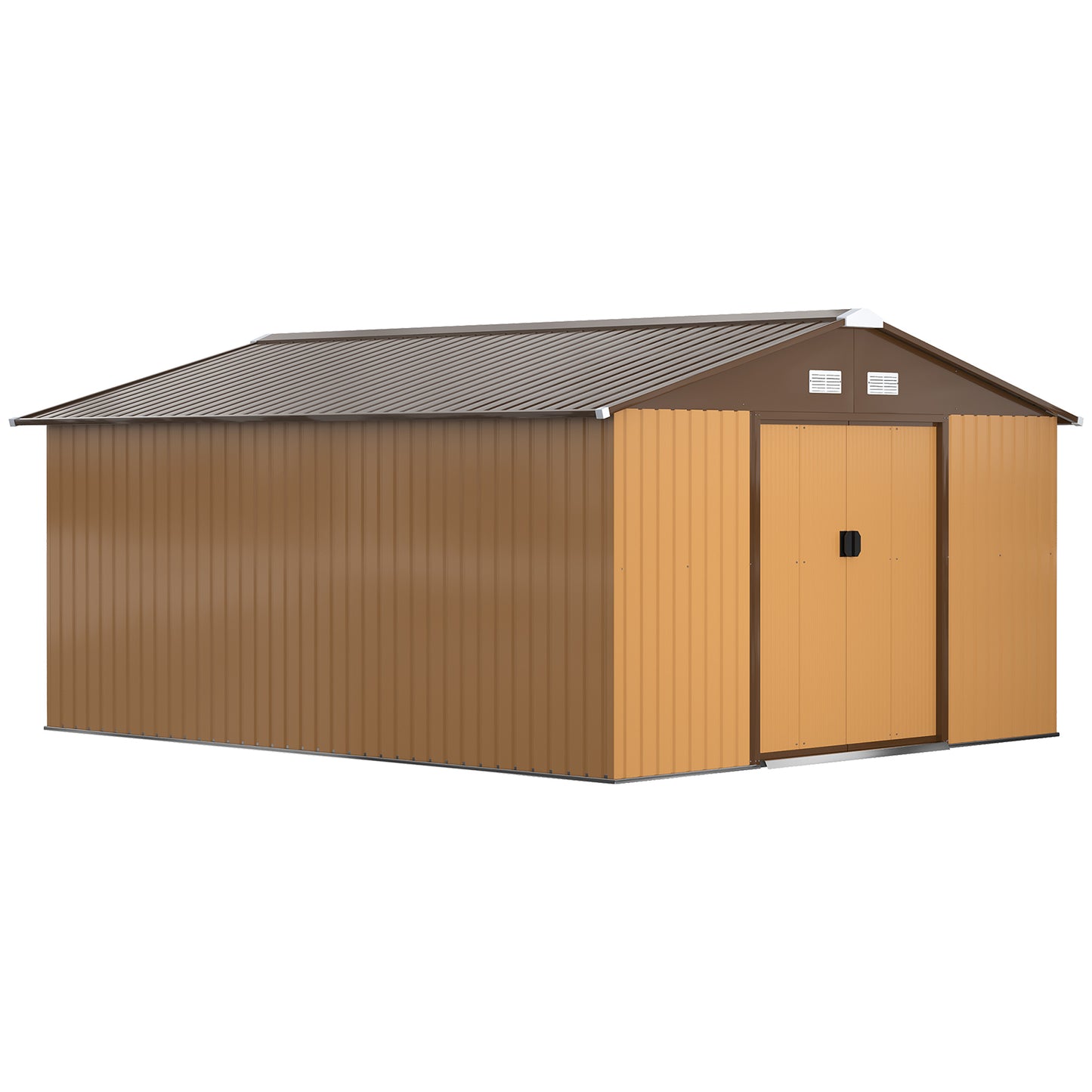 Outsunny 13 x 11ft Metal Garden Shed, Outdoor Storage Tool House with Ventilation Slots, Foundation Kit and Lockable Double Doors, Light Brown