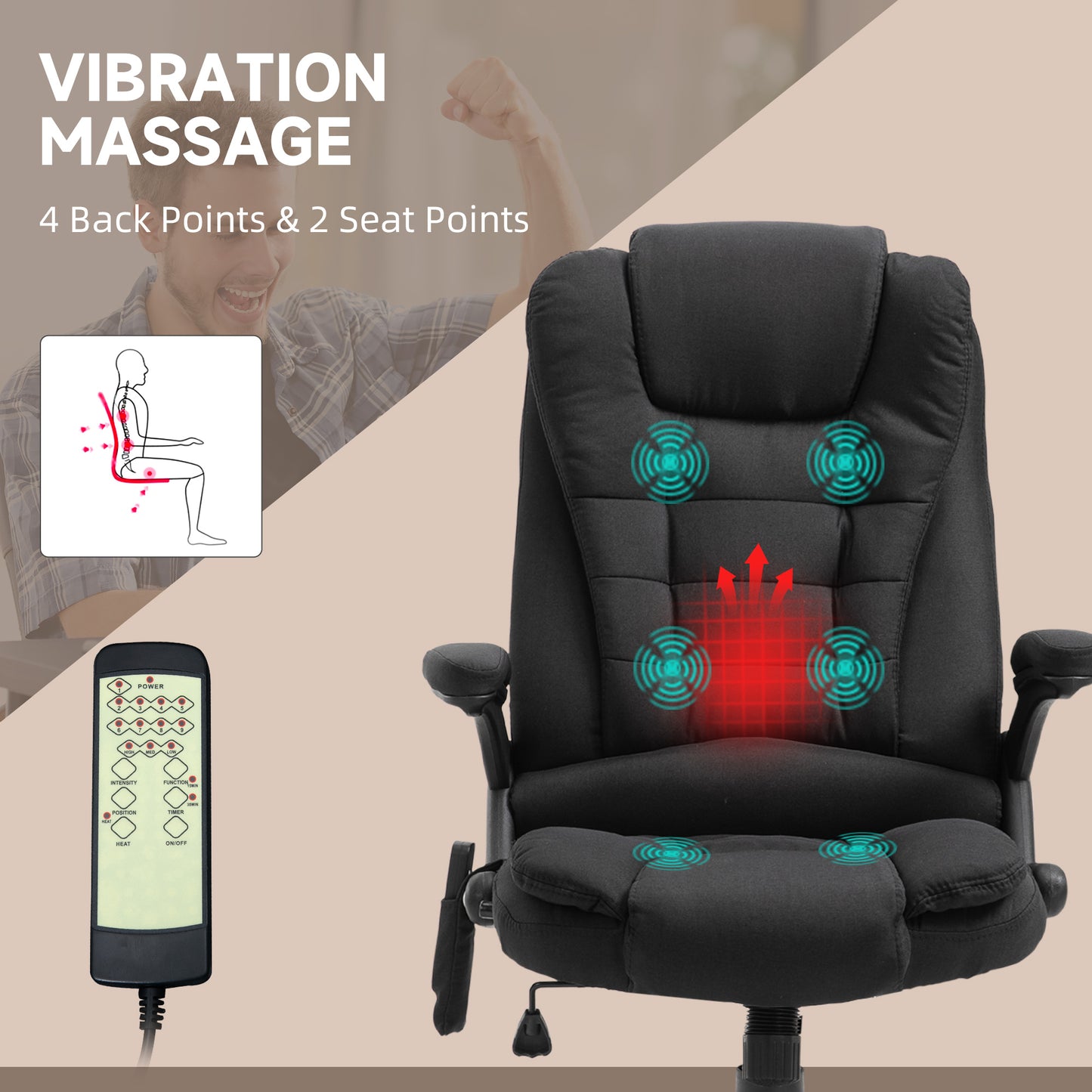 Vinsetto Massage Recliner Chair Heated Office Chair with Six Massage Points Linen-Feel Fabric 360° Swivel Wheels Black