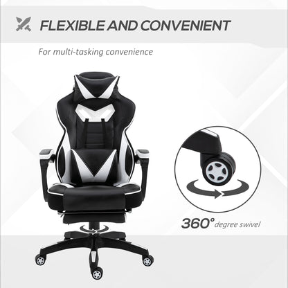 Vinsetto Computer Gaming Chair, Racing Desk Chair with Lumbar Support and Footrest, PU Leather Gamer Chair with Headrest and Swivel Wheels for Home, White