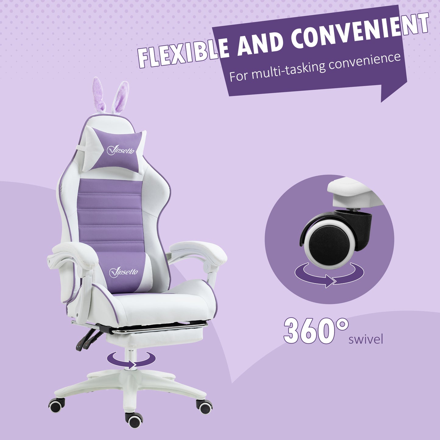 Vinsetto Racing Gaming Chair, Reclining PU Leather Computer Chair with Removable Rabbit Ears, Footrest, Headrest and Lumber Support, Purple