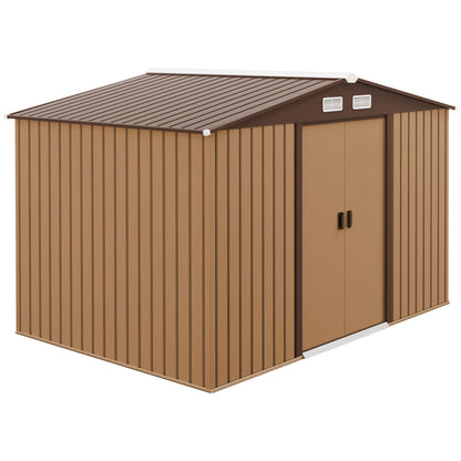 Outsunny 9 x 6ft Metal Garden Shed, Outdoor Storage Tool House with Ventilation Slots, Foundation Kit and Lockable Double Doors, Light Brown