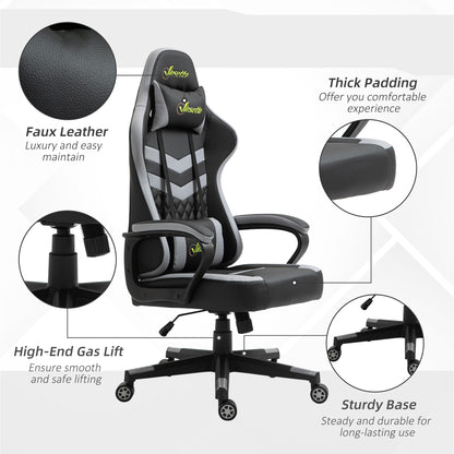 Vinsetto Gaming Chair, Computer Desk Chair with Lumbar Support, Faux Leather Racing Chair with Headrest and Swivel Wheels for Home Office, Black Grey