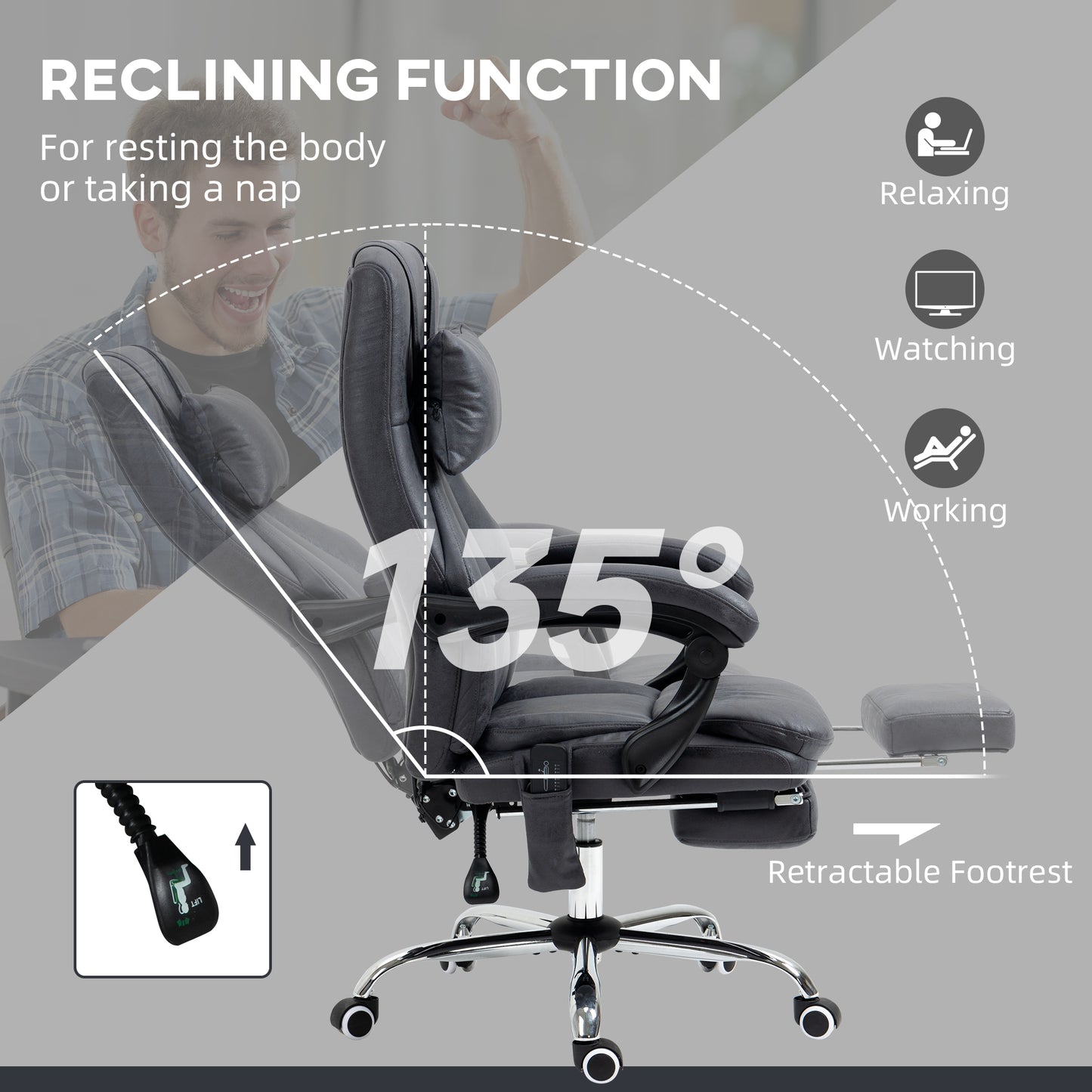 Vinsetto Office Chair with Lumbar Massage, 135° Reclining Computer Chair with Adjustable Headrest, Retractable Footrest, 10cm Double Padded Seat, Microfiber Fabric, Metal Base, Dark Grey