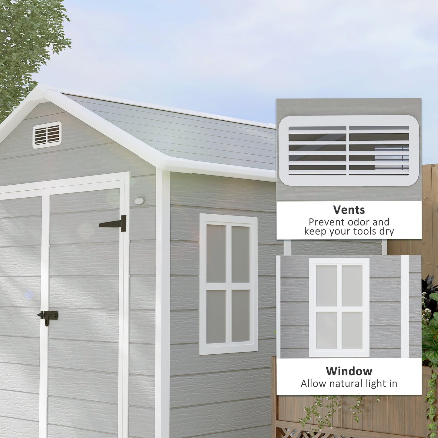 6 x 5ft Light Grey Garden Shed, Plastic Shed with Floor, Window, Lockable Doors, Vents, and Wood-Effect Resin for Outdoor Patio Storage