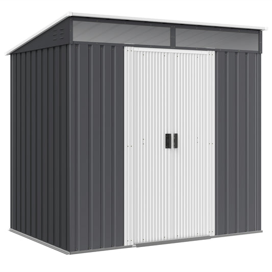 6.5 x 4ft Grey Galvanized Metal Shed with Foundation Kit, Lockable Garden Tool Shed, Double Sliding Doors, and Vents