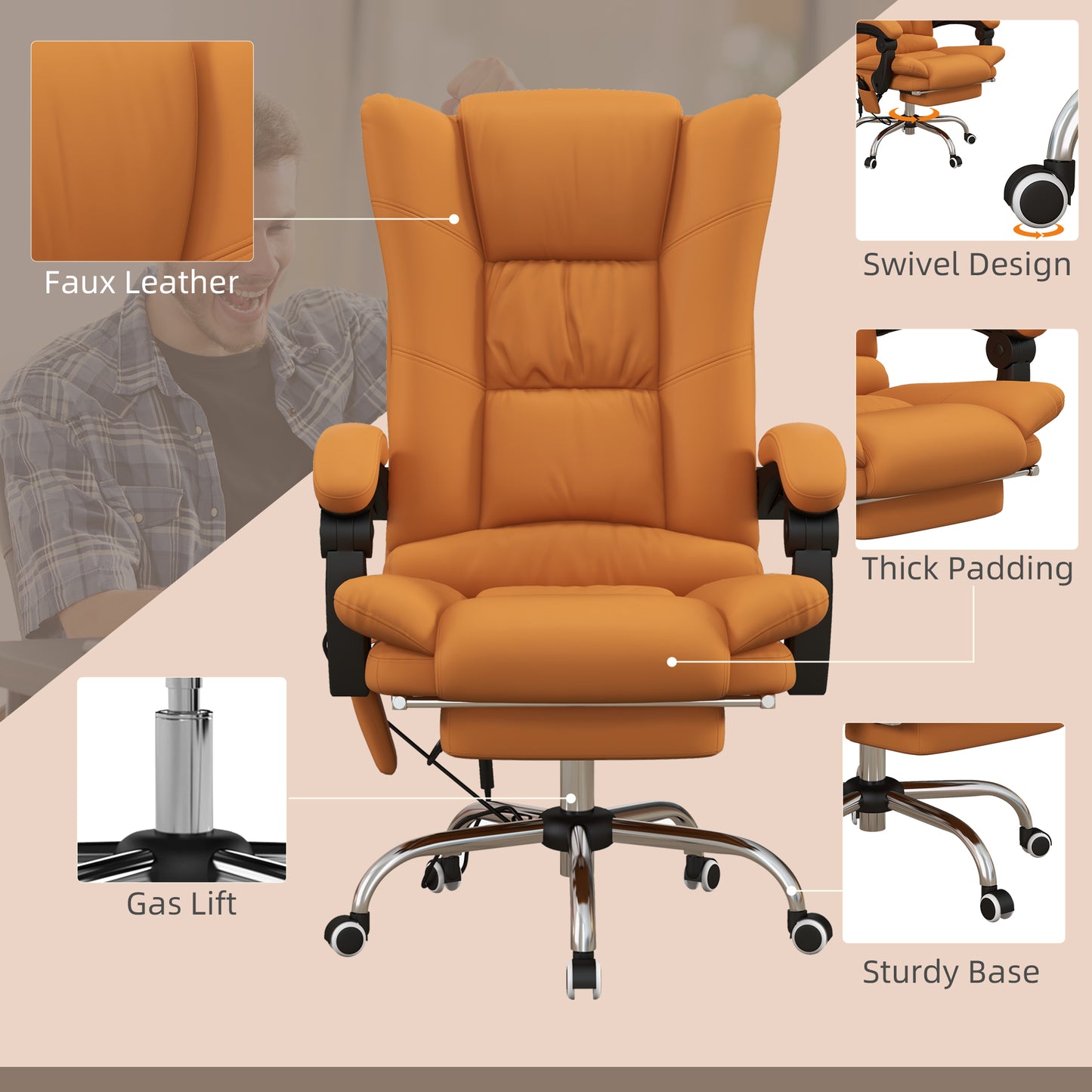 Vinsetto High Back Vibration Massage Office Chair, Heated Reclining PU Leather Computer Chair with 135° Reclining Back and Footrest, Light Brown