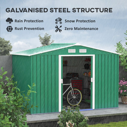 Outsunny 9 x 6ft Metal Garden Shed, Outdoor Storage Tool House with Ventilation Slots, Foundation Kit and Lockable Double Doors, Green