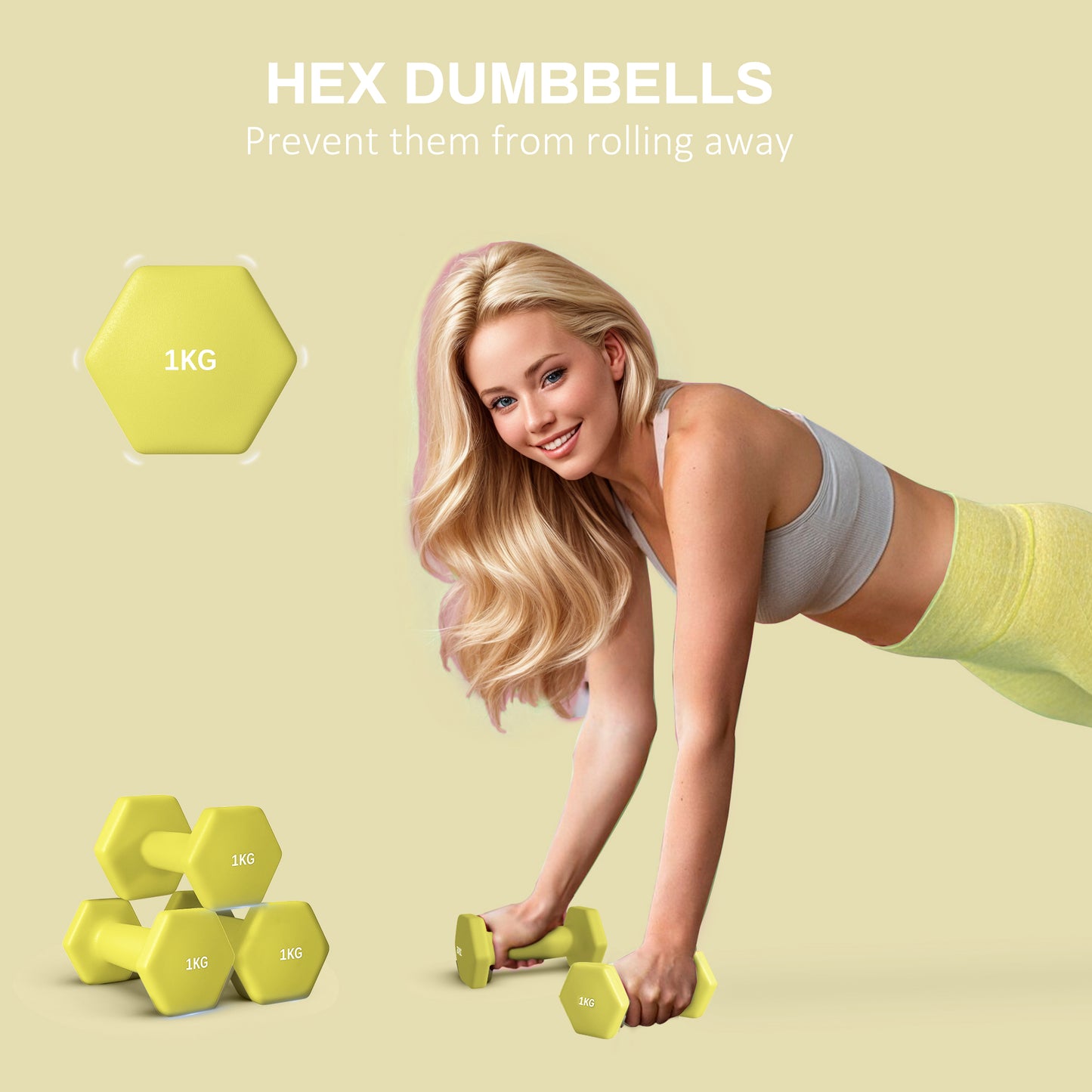 SPORTNOW 2 x 1kg Hexagonal Dumbbells Weights Set with Non-Slip Grip for Home Gym Workout, Yellow