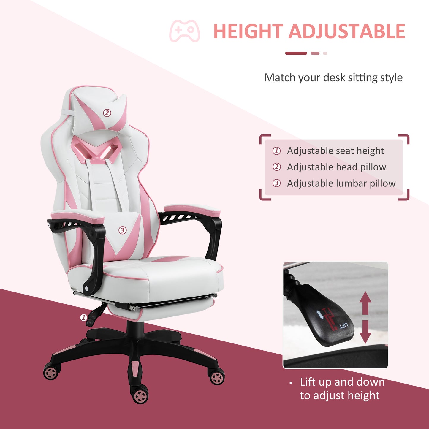 Vinsetto Computer Gaming Chair, Racing Desk Chair with Lumbar Support and Footrest, PU Leather Gamer Chair with Headrest and Swivel Wheels for Home, Pink