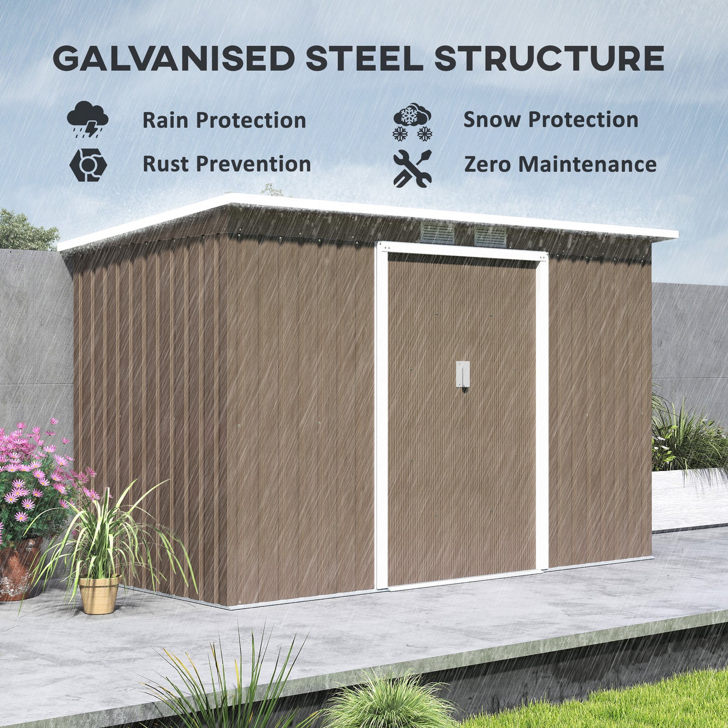 9ft x 4ft Light Grey Wood Grain Metal Garden Shed, Outdoor Tool Storage with Foundation Kit, Ventilation, and Double Doors