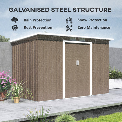 9ft x 4ft Light Grey Wood Grain Metal Garden Shed, Outdoor Tool Storage with Foundation Kit, Ventilation, and Double Doors