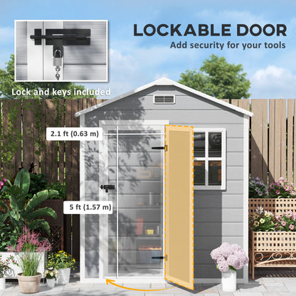 6 x 4ft Grey Plastic Garden Shed, with Floor, Window, Lockable Door, Vents, and Wood-Effect Resin for Outdoor Storage