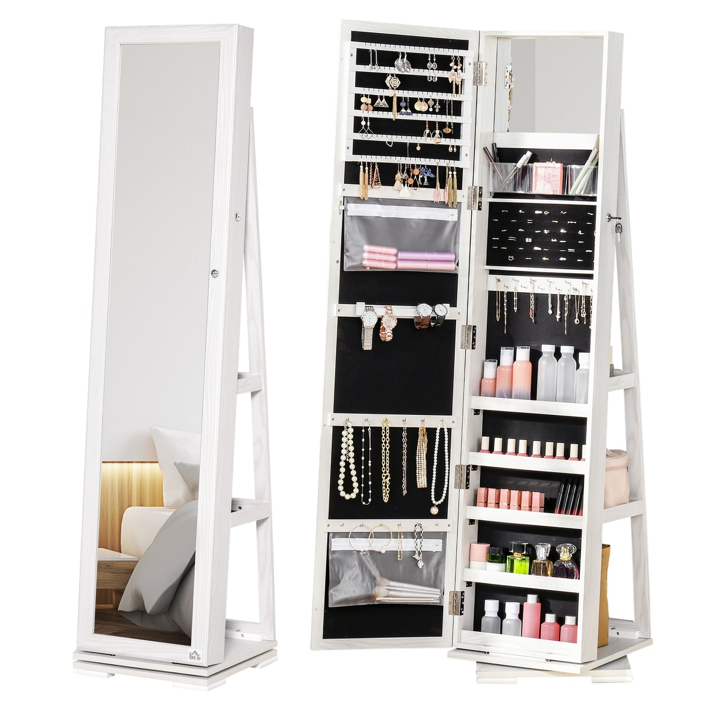 HOMCOM 360° Swivel Jewellery Cabinet, Mirror Armoire, Full Length Mirror, Lockable Jewellery Organiser with Built-In Small Mirror, White