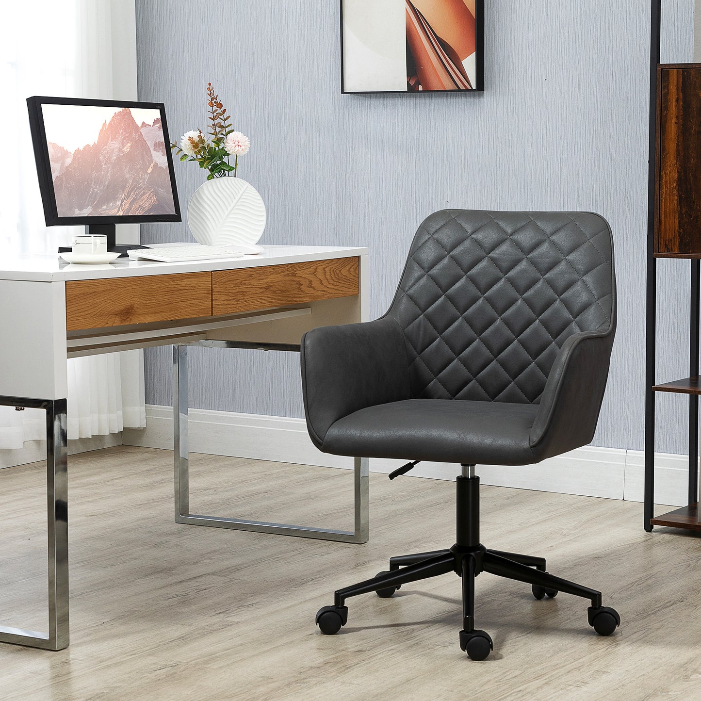 Vinsetto Office Desk Chair, Leather-Feel Fabric Computer Swivel Chair with Rolling Wheels and Adjustable Height for Home, Grey