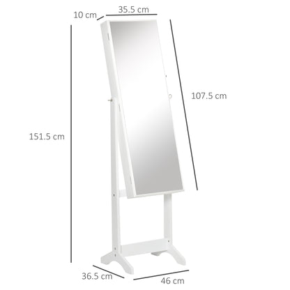 HOMCOM Full Length Mirror with Storage, Jewellery Cabinet with Mirror, Adjustable Angle and Stand, Lockable Jewellery Organiser for Bedroom Dressing Room, White