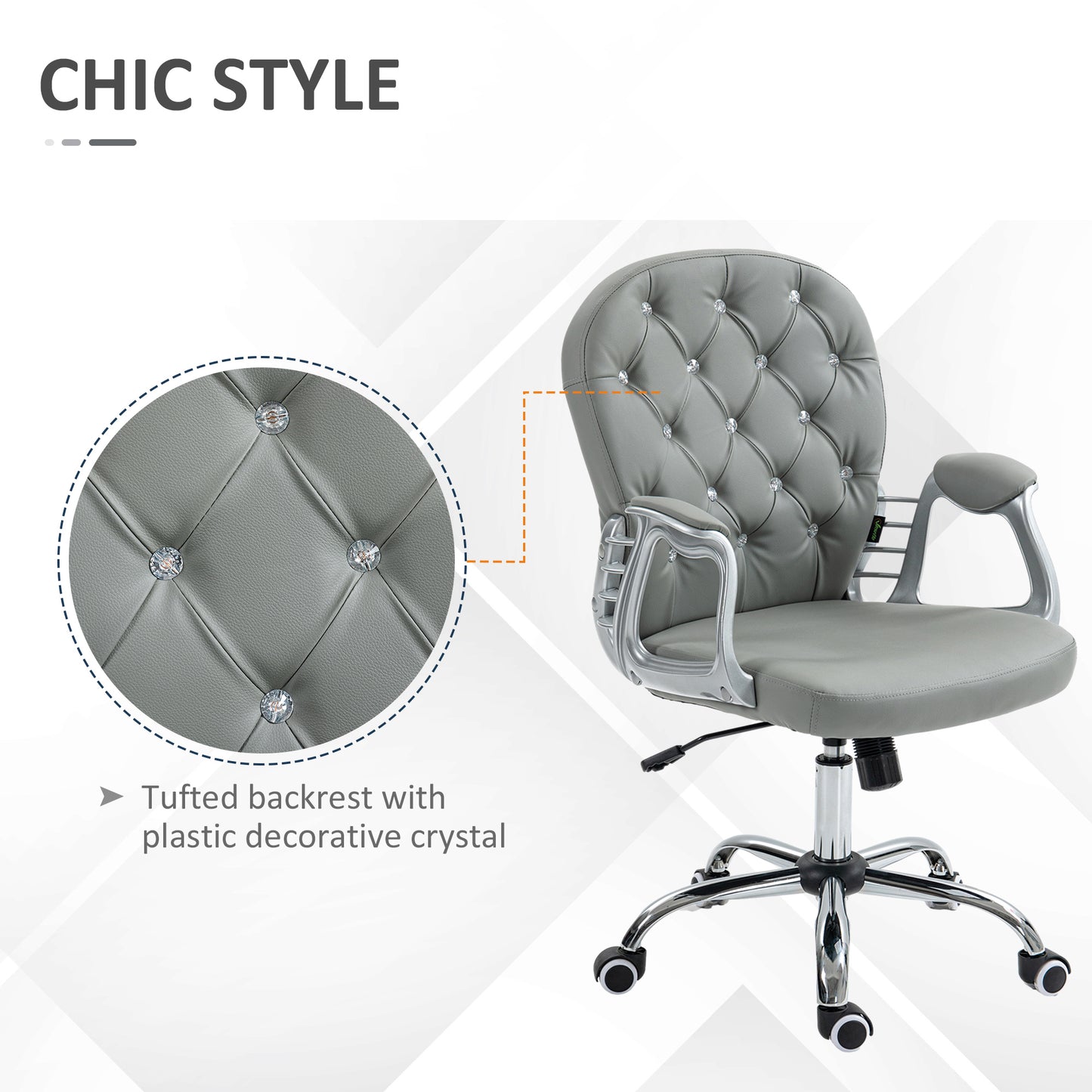 Vinsetto Office Chair Ergonomic 360° Swivel PU Diamante Padded Base 5 Castor Wheels for Home Work Grey