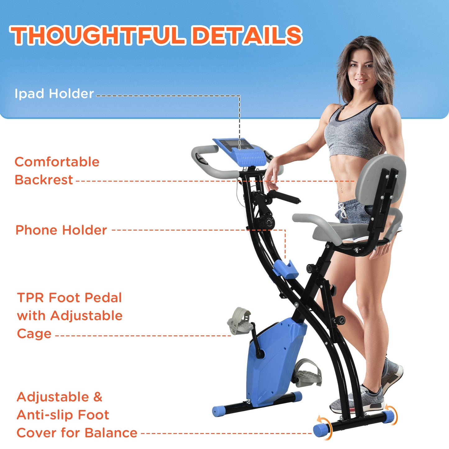 HOMCOM 2-in-1 Folding Exercise Bike with 8-Level Magnetic Resistance, Arm Resistance Band, Pulse Sensor, Blue