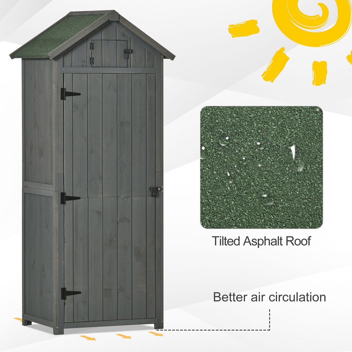 Outsunny Wooden Garden Shed, Utility Outdoor Small Shed with Lockable Double Doors, Shelves and Roof Hatch, Grey