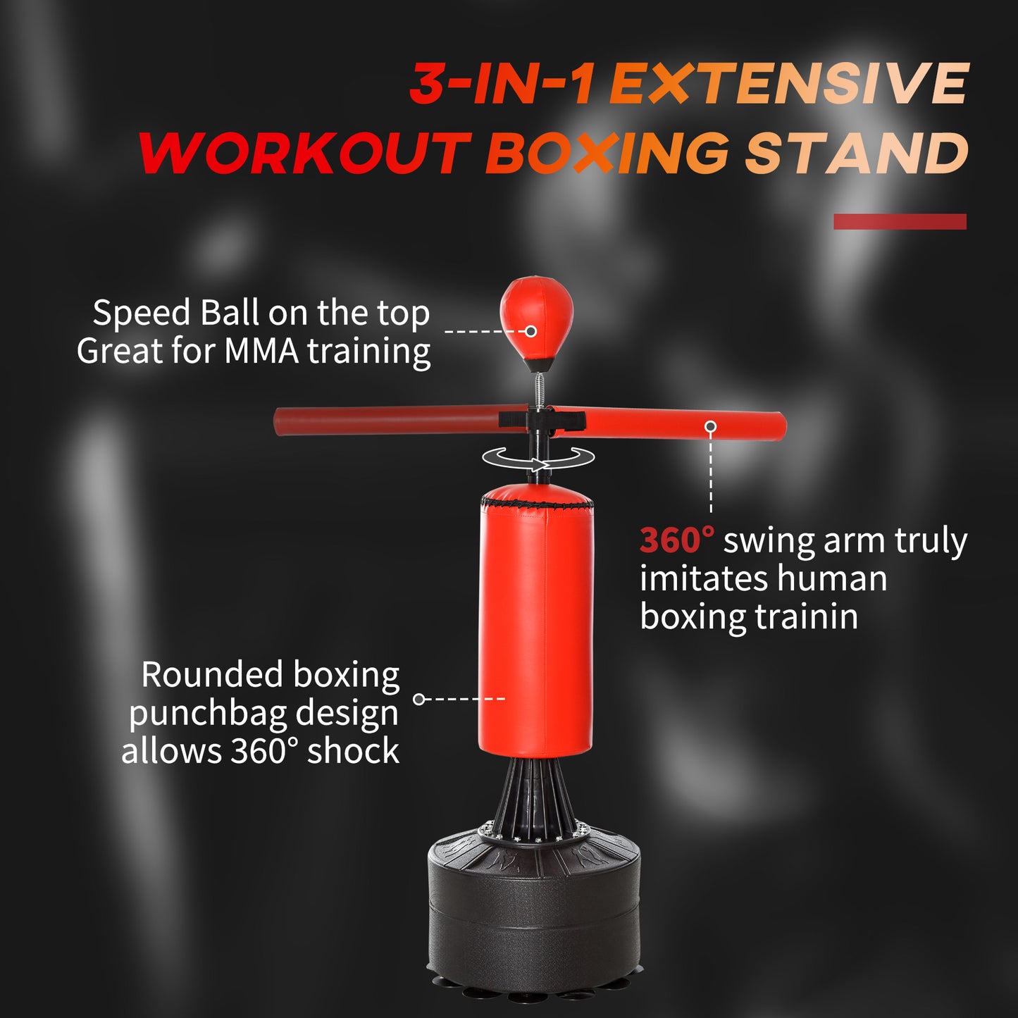 HOMCOM 155-205cm 3-IN-1 Freestanding Boxing Punch Bag Stand, Boxing Speed Trainer with Rotating Flexible Arm, Speed Ball, Fillable Base