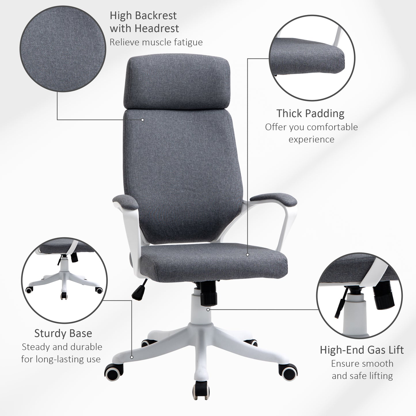 Vinsetto Office Chair, Ergonomic Desk Chair, High Back Study Chair with Headrest and Lumbar Back Support, Adjustable Height for Home and Work, Grey