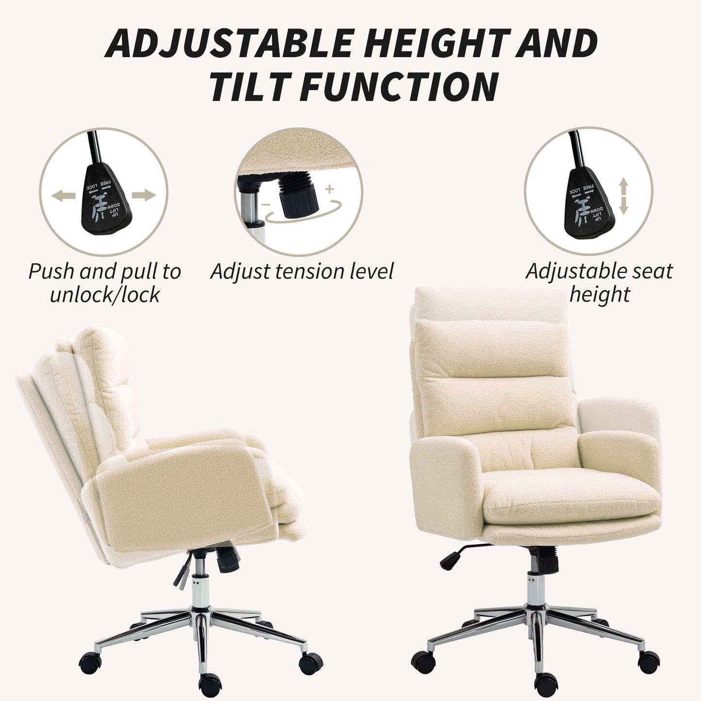 HOMCOM 91-99cm Sherpa Fleece Office Chair - Cream White