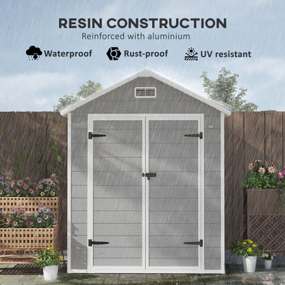6 x 5ft Dark Grey Garden Shed, Plastic Shed with Floor, Window, Lockable Doors, Vents, and Wood-Effect Resin for Outdoor Patio Storage
