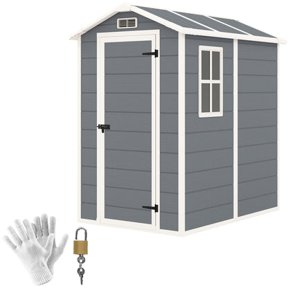 4 x 6ft Grey Plastic Garden Shed, with Floor, Window, Lockable Door, Vents, and Zero Maintenance for Patio Storage