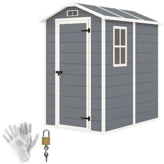 4 x 6ft Grey Plastic Garden Shed, with Floor, Window, Lockable Door, Vents, and Zero Maintenance for Patio Storage