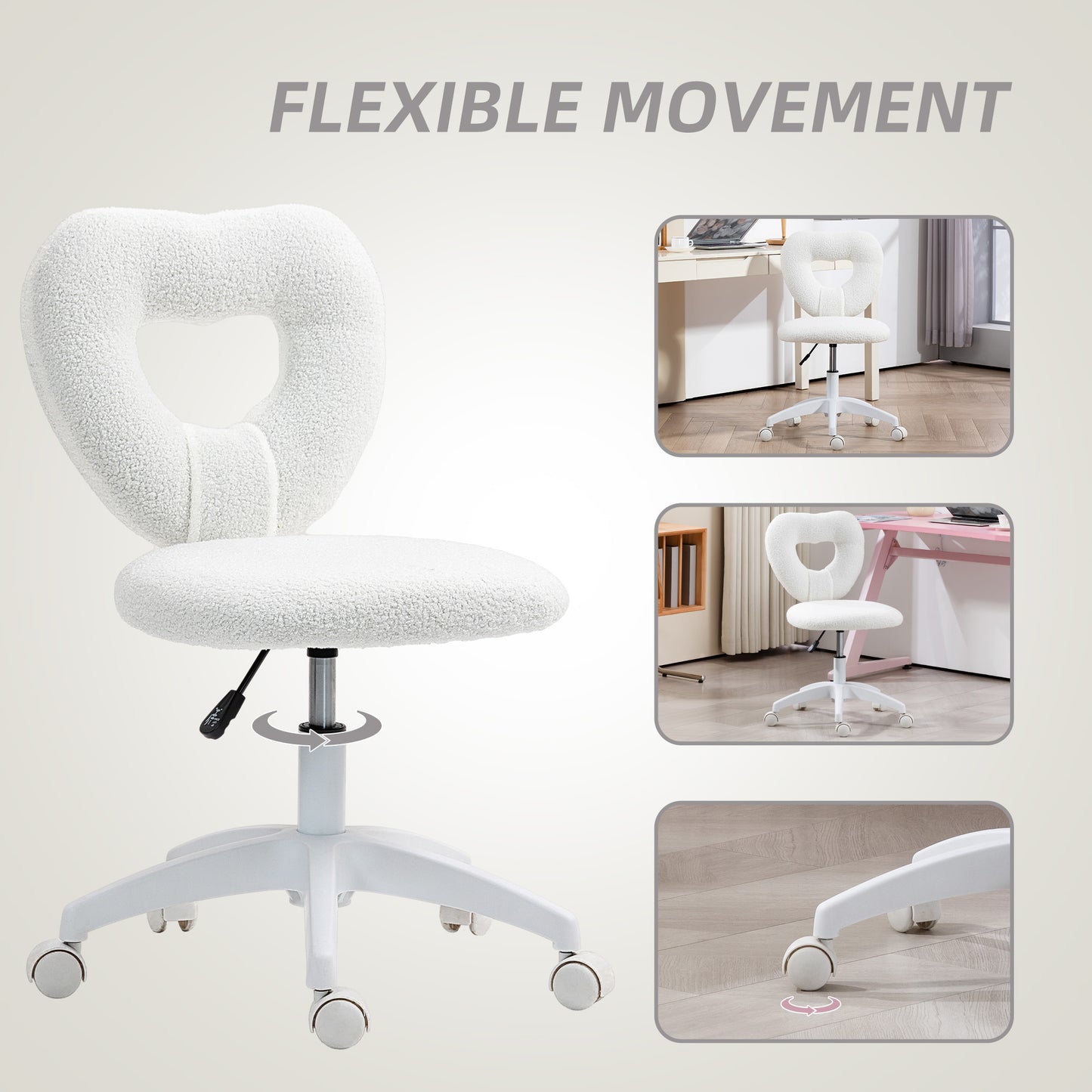 HOMCOM Armless Heart Computer Desk Chair, Teddy Fleece Swivel Office Chair, Makeup Vanity Chair with Height Adjustable, Wheels, for Home Study Bedroom, White