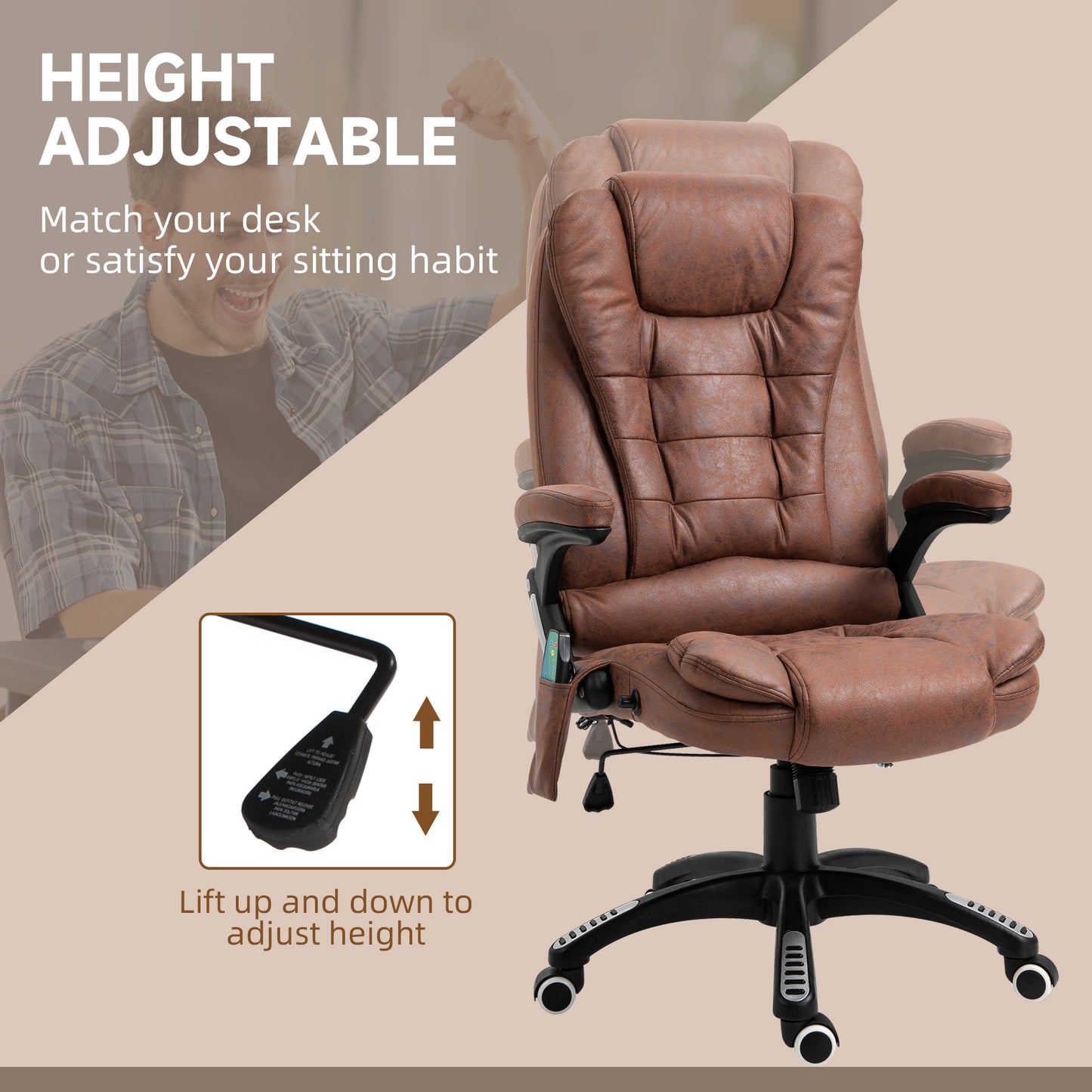 Vinsetto Massage Recliner Chair Heated Office Chair with Six Massage Points Microfiber Cloth 360° Swivel Wheels Brown