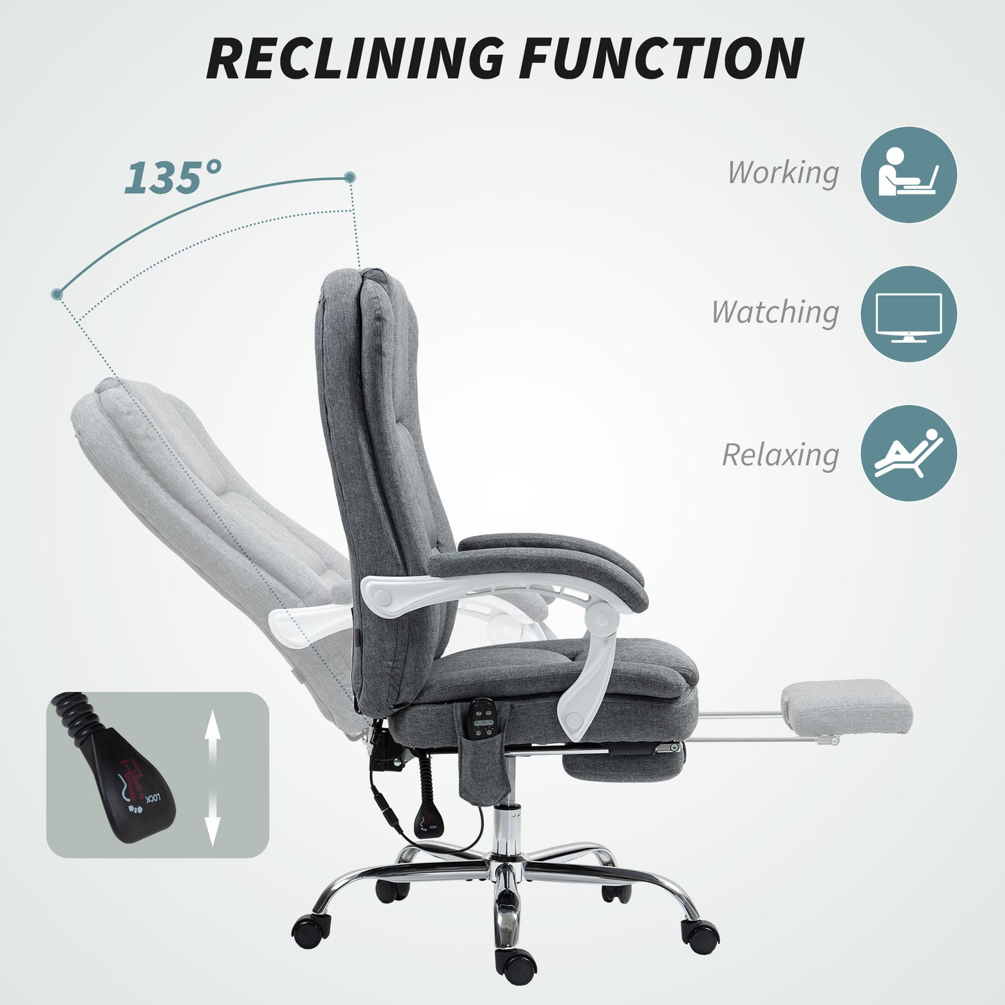 HOMCOM Executive Office Chair with 8-point Massage and Heat, Fabric Computer Desk Chair with Reclining Backrest, High Back, Height Adjustable, Swivel Wheels, Footrest, Remote, for Home, Grey