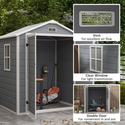 6'x4.5' Grey Garden Storage Shed, Lockable Shed with Double Doors, Window, Vent, and Plastic Roof