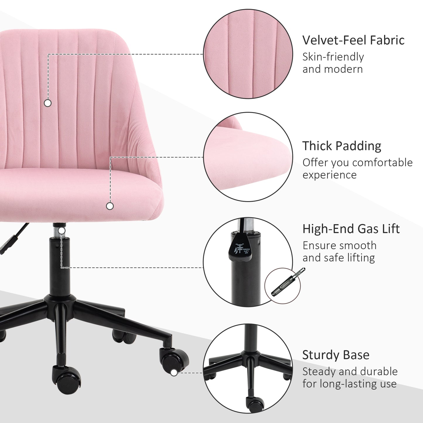 Vinsetto Velvet-Feel Armless Office Chair - Pink