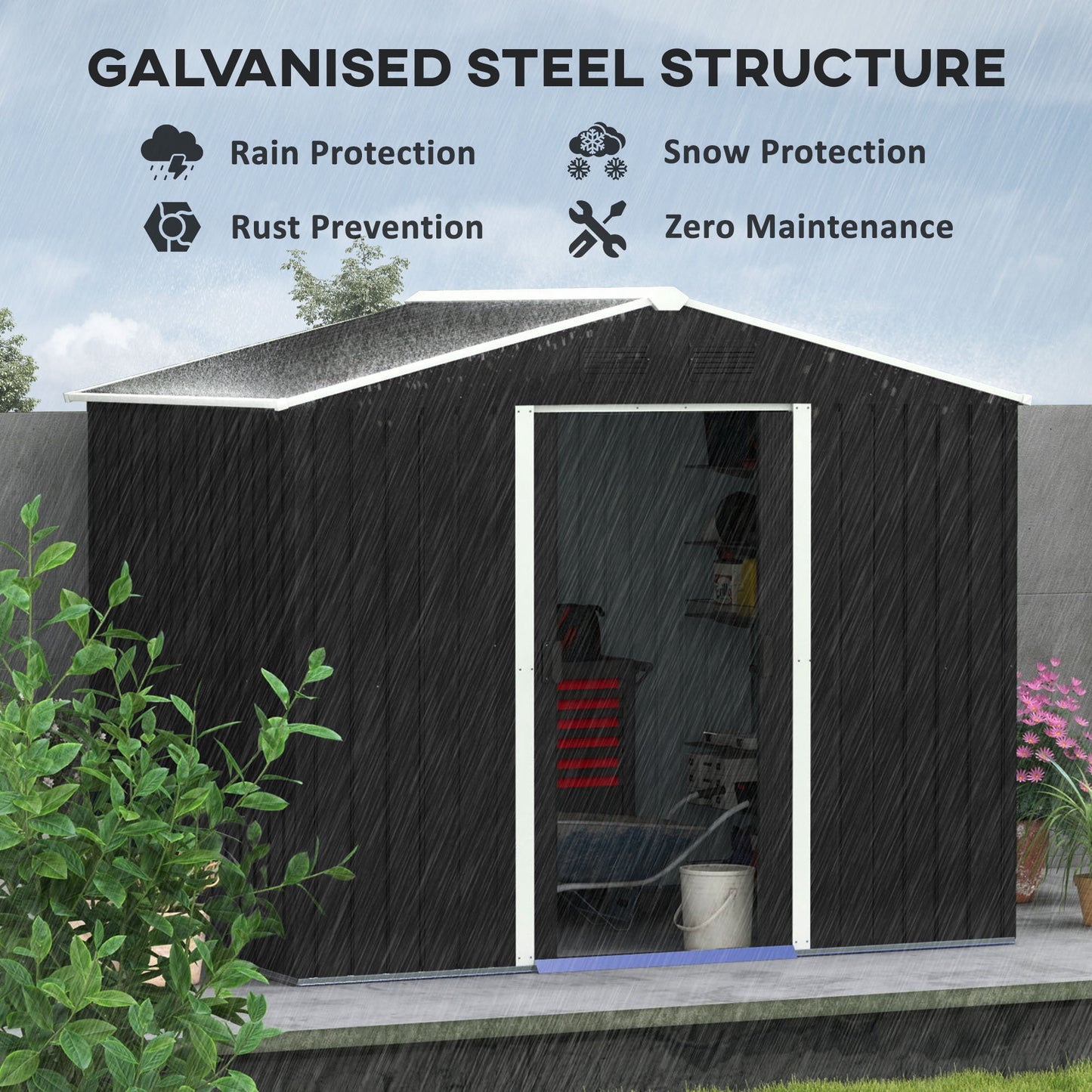 Outsunny 7.7 x 5.7ft Metal Garden Shed, Galvanised Outdoor Tool Storage House with Ventilation Slots and Sliding Doors, Grey