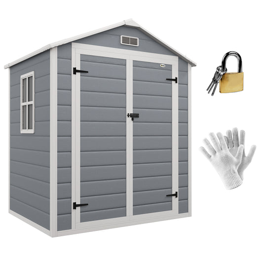6'x4.5' Grey Garden Storage Shed, Lockable Shed with Double Doors, Window, Vent, and Plastic Roof