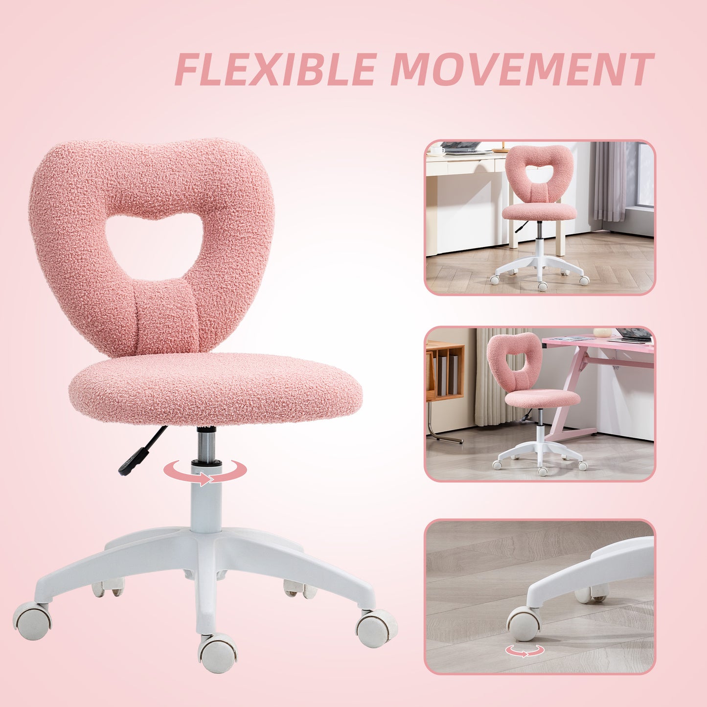 HOMCOM Armless Heart Computer Desk Chair, Teddy Fleece Swivel Office Chair, Makeup Vanity Chair with Height Adjustable, Wheels, for Home Study Bedroom, Pink