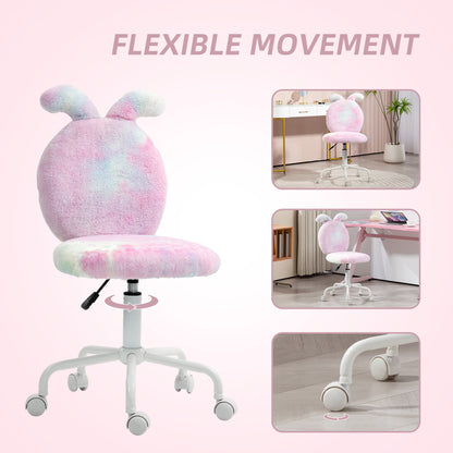 HOMCOM Fuzzy Office Chair with Bunny Ears, Faux Fur Swivel Desk Chair, Armless Makeup Vanity Chair with Adjustable Height for Bedroom, Study Room, Colourful