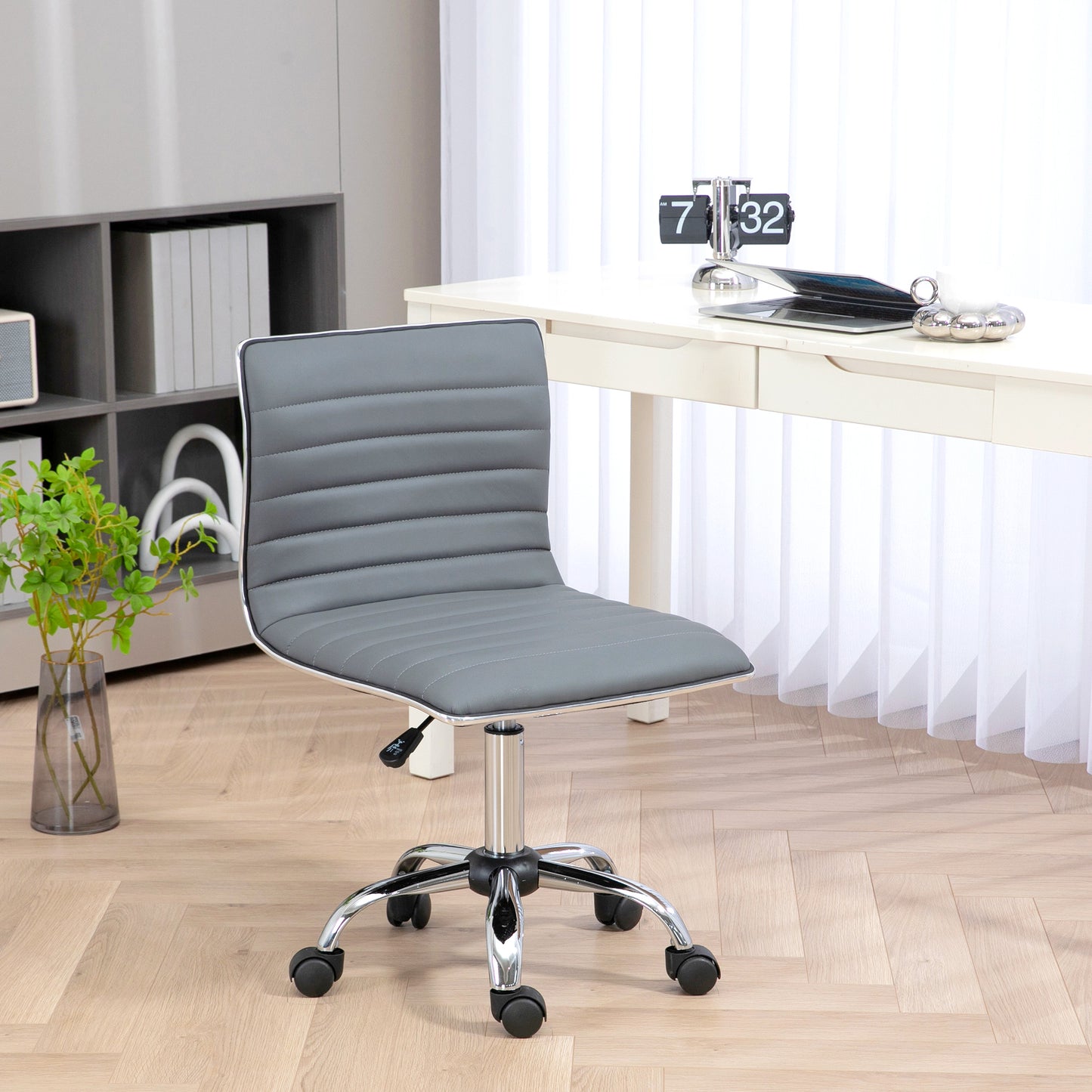 HOMCOM Adjustable Swivel Office Chair with Armless Mid-Back in PU Leather and Chrome Base - Light Grey