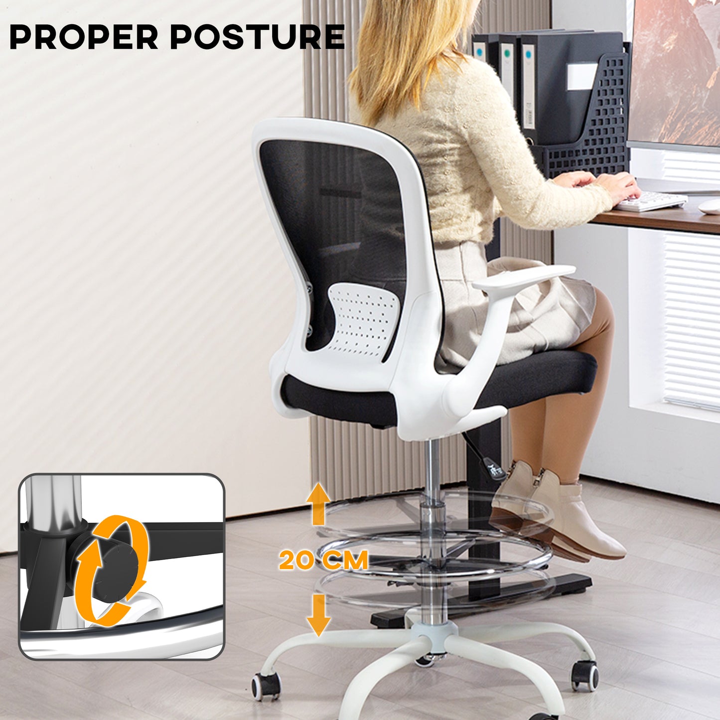 HOMCOM Draughtsman Chair, Mesh Drafting Chair, Ergonomic Office Chair with Flip-up Armrest, Adjustable Foot Ring, Black White