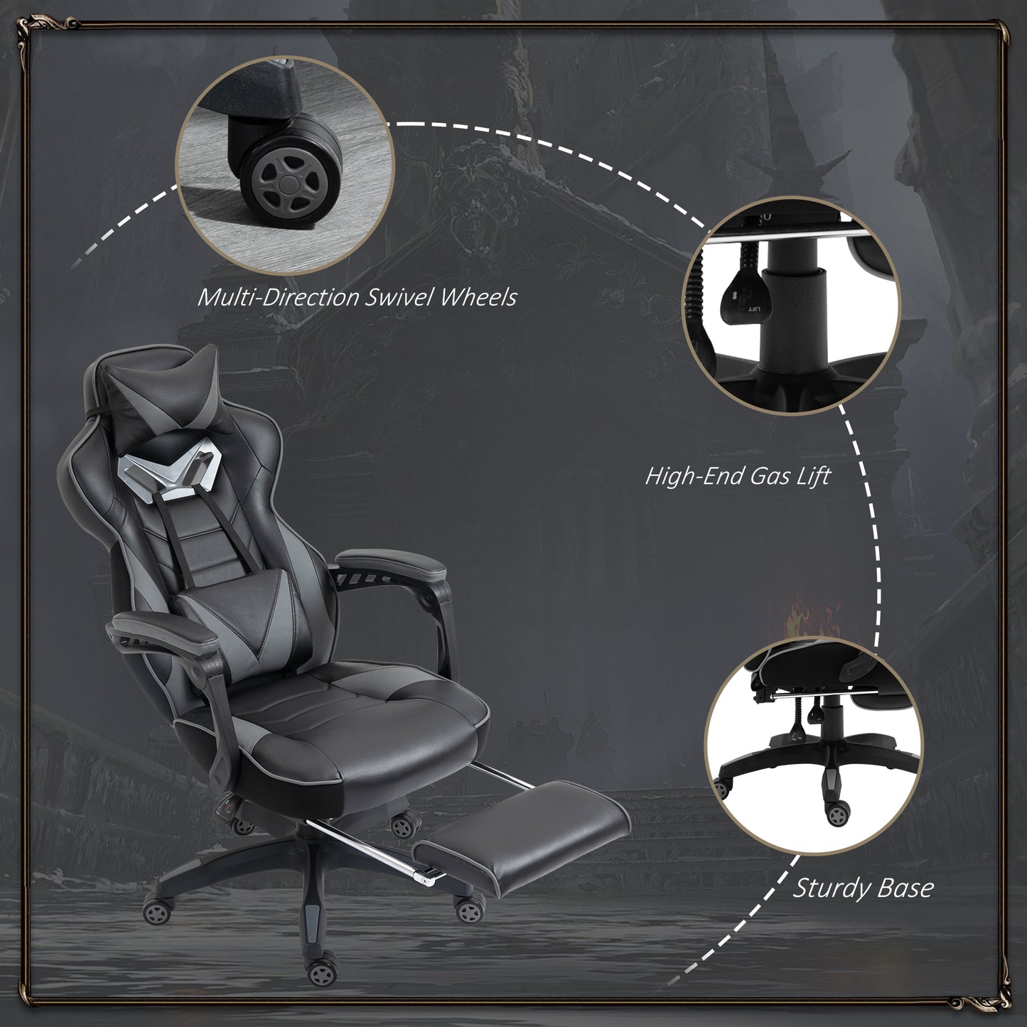 Vinsetto Computer Gaming Chair, Racing Desk Chair with Lumbar Support and Footrest, PU Leather Gamer Chair with Headrest and Swivel Wheels for Home, Grey