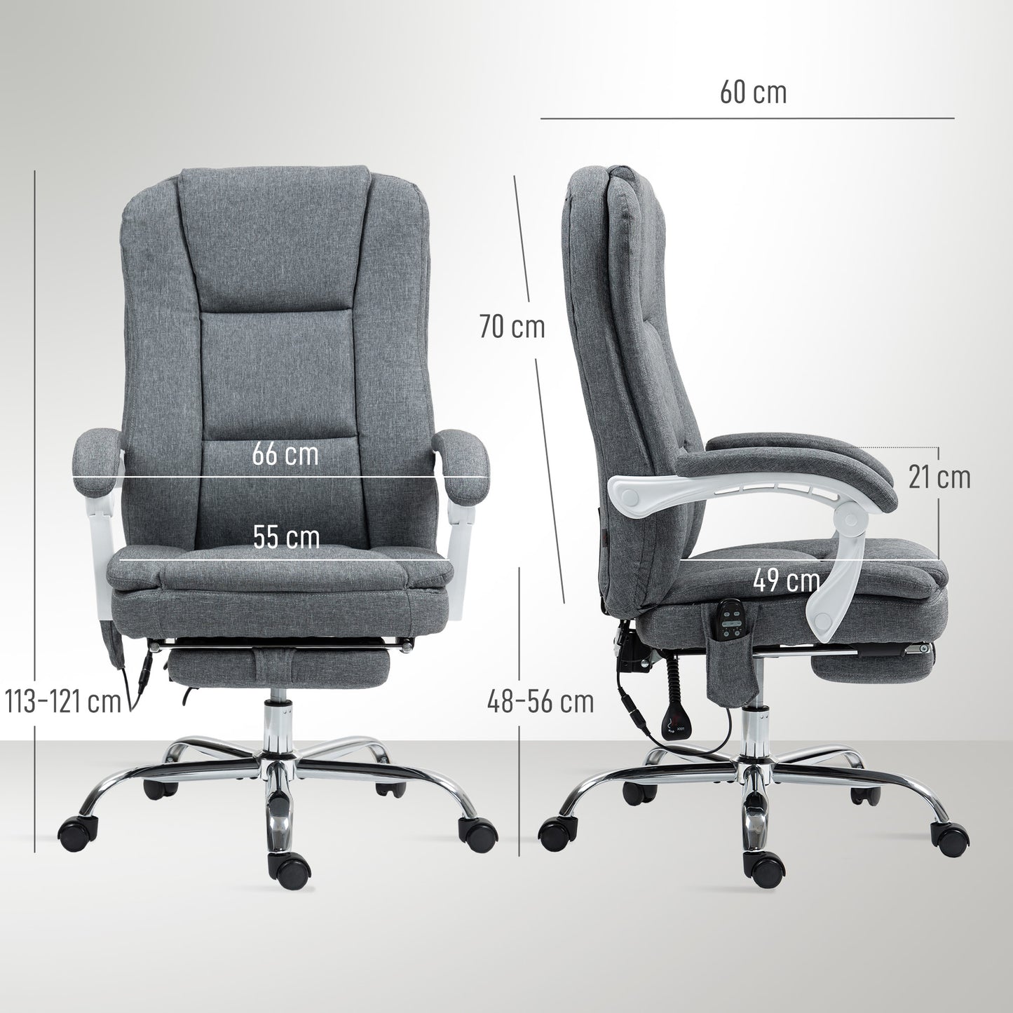 HOMCOM Executive Office Chair with 8-point Massage and Heat, Fabric Computer Desk Chair with Reclining Backrest, High Back, Height Adjustable, Swivel Wheels, Footrest, Remote, for Home, Grey